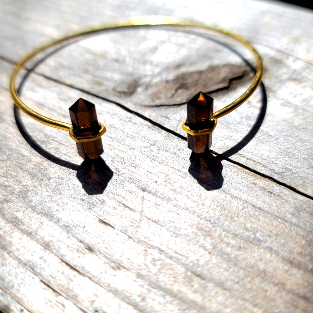 Smokey quartz dual points gemstone sterling &gold dramatic bangle bracelet - Picture 1 of 7